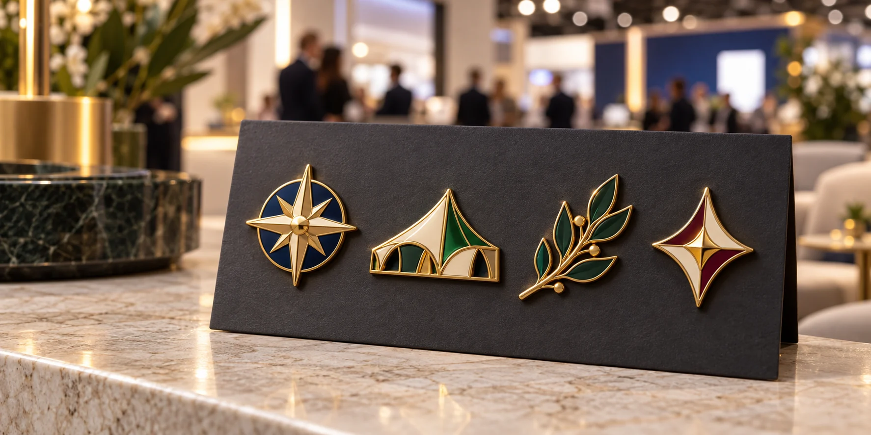 Cuatro pines esmaltados personalizados con motivos coordinados, presentados como colección en un evento