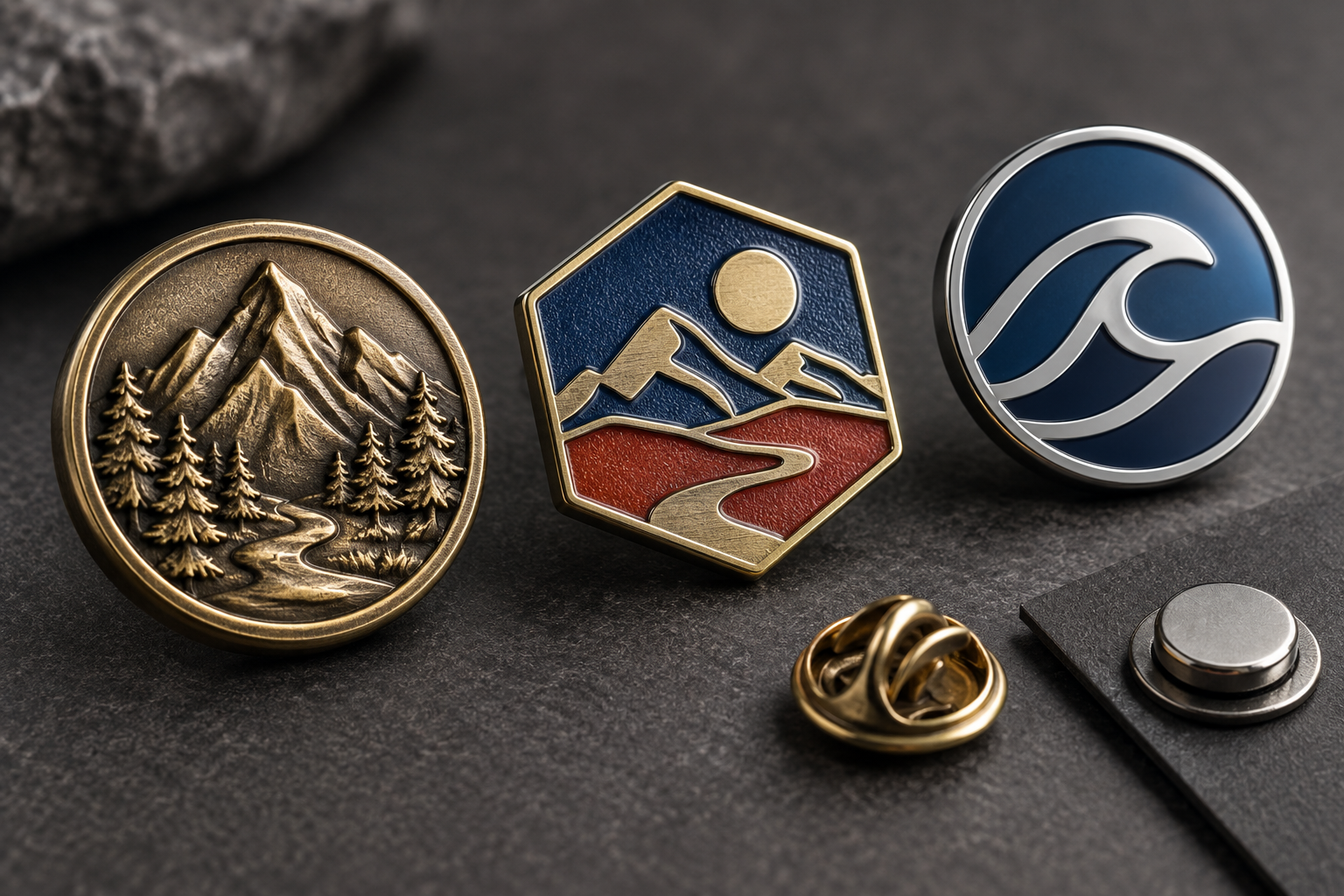 Detalle de insignias metálicas con relieve, esmalte y cierres metálicos
