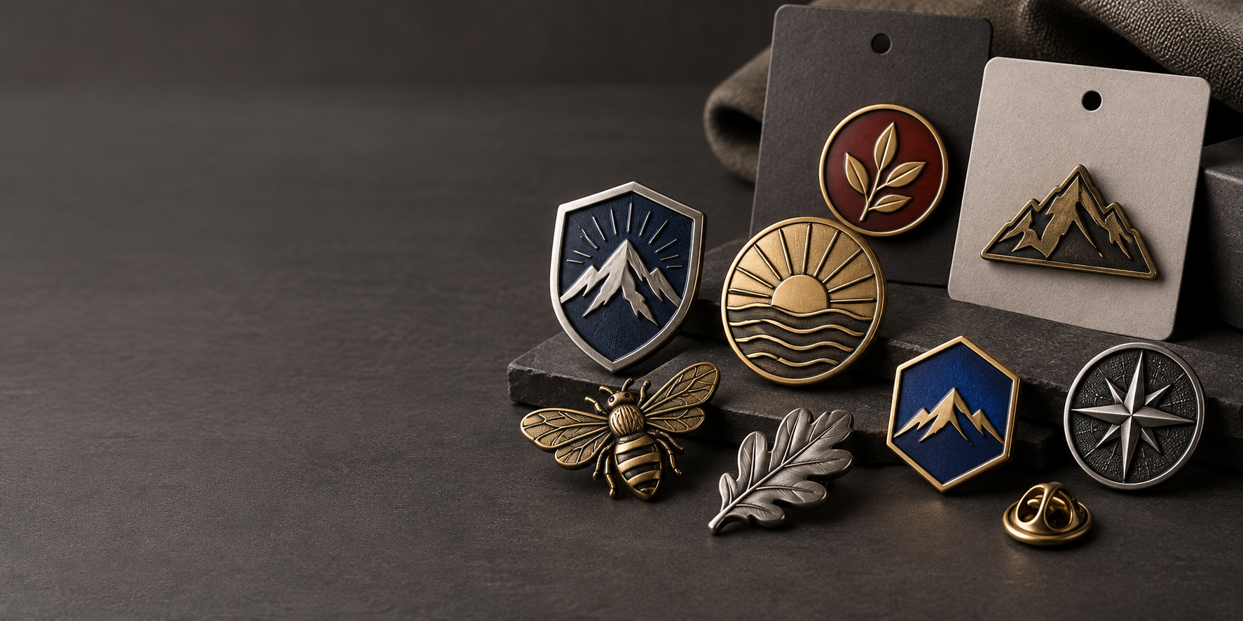 Colección de insignias metálicas y pines esmaltados personalizados con relieve y distintos acabados