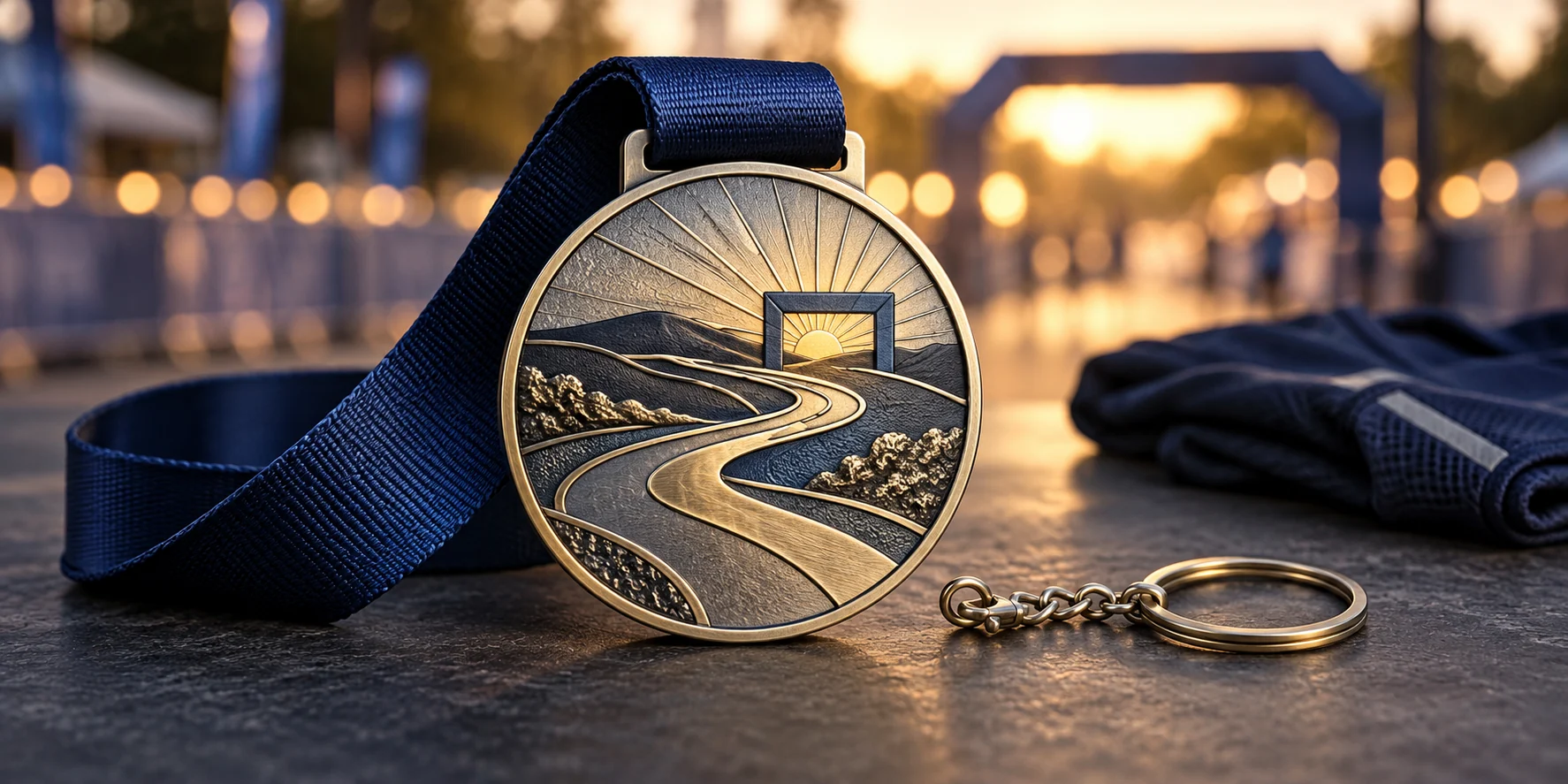 Medalla finisher metálica con relieve de una ruta, cinta azul y un aro opcional para conservarla como accesorio