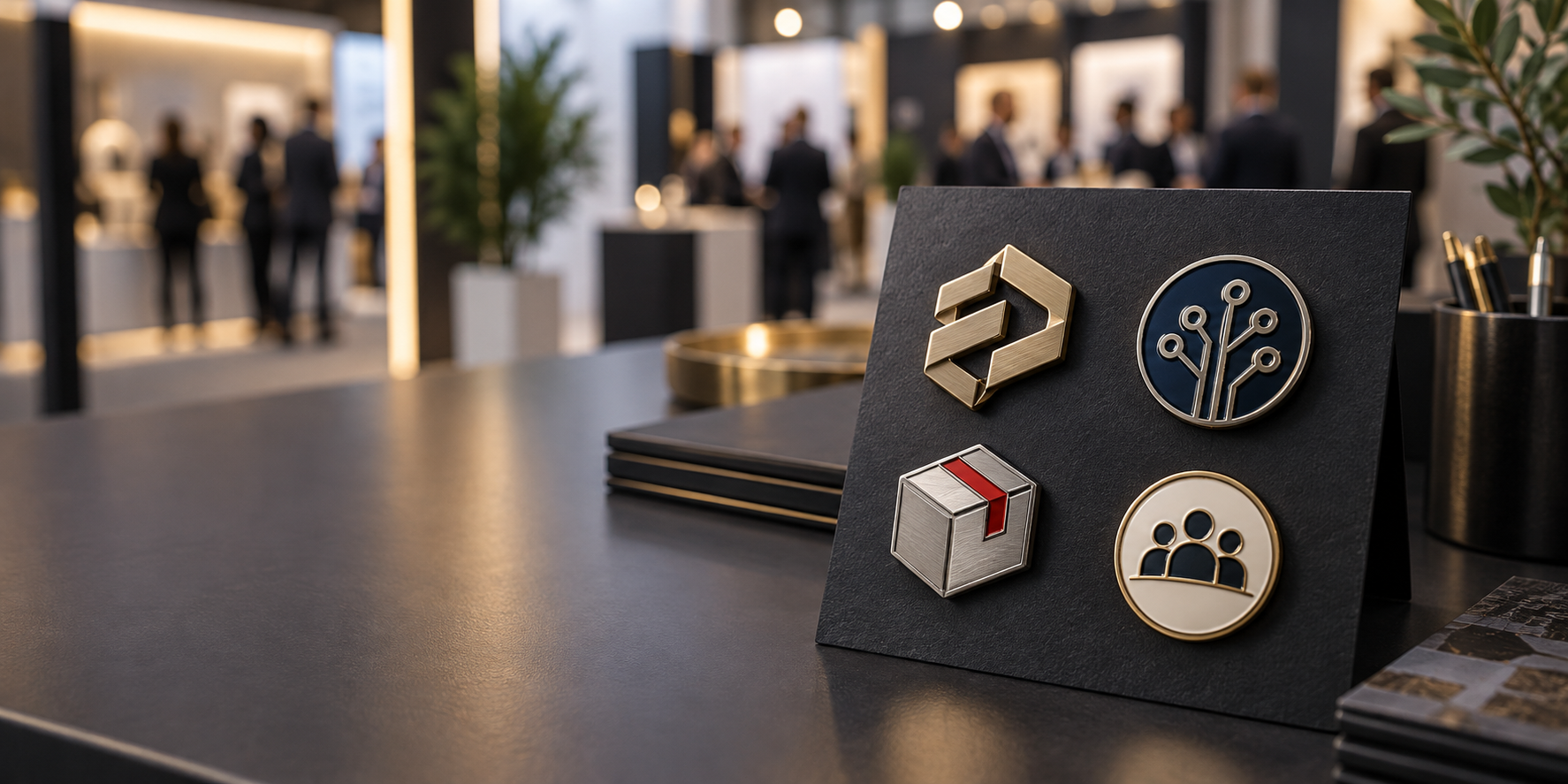 Pines e insignias metálicas personalizados preparados para una feria profesional en España