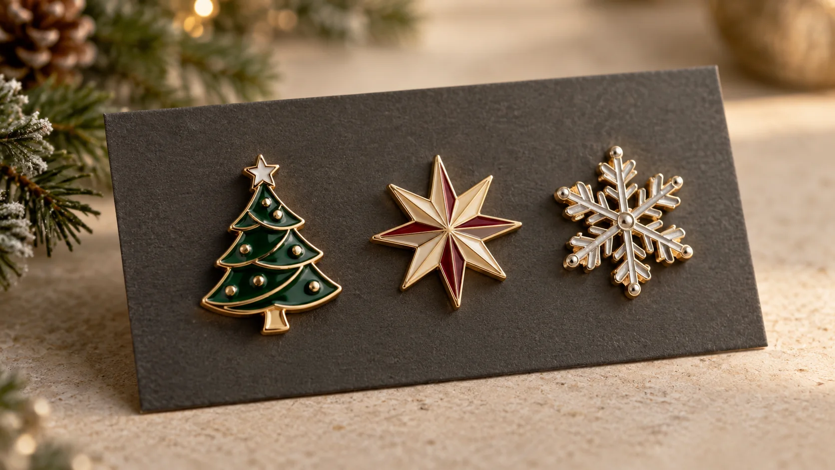 Tres pines navideños personalizados para empresas: árbol esmaltado verde, estrella roja y marfil, y copo de nieve metálico