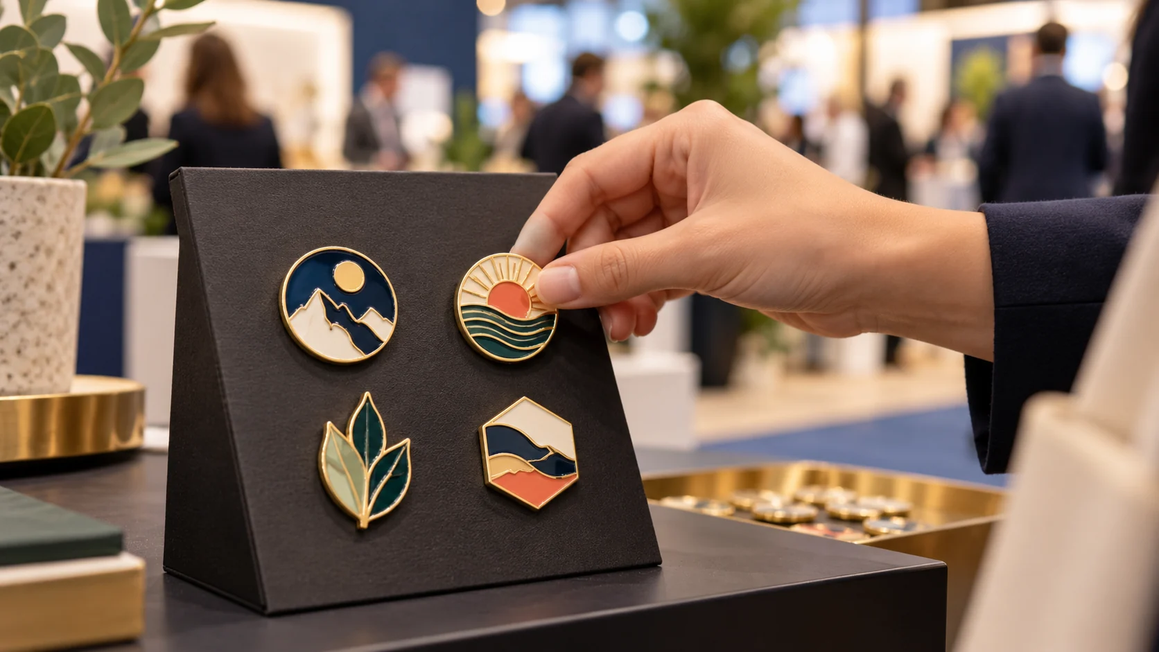 Una persona elige uno de varios pines metálicos esmaltados en un expositor de una activación de marca